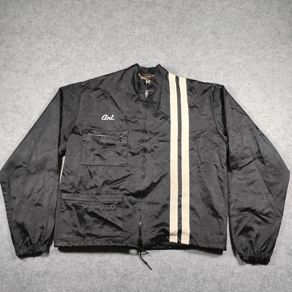 Vintage DeWan Apparel Mens M Black Racing Jacket Manhattan Beach Art Embroidered